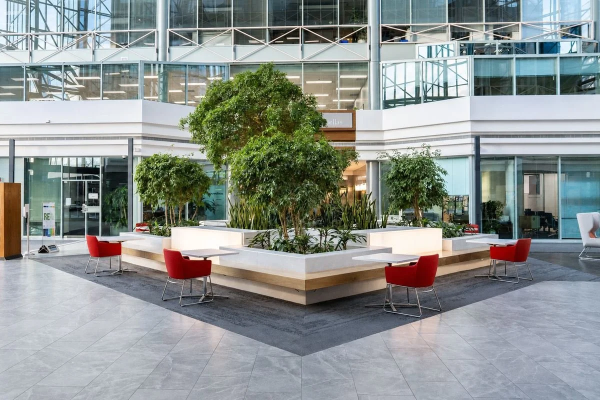 Modern indoor lobby area with a central rectangular planter filled with green trees and plants, surrounded by red chairs, with glass walls and a multi-story building in the background.