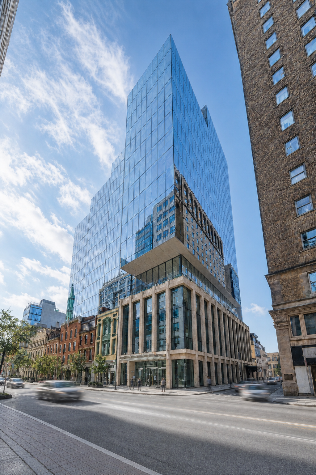 Tall modern glass skyscraper on a city street with other buildings, trees, and moving cars, under a partly cloudy sky
