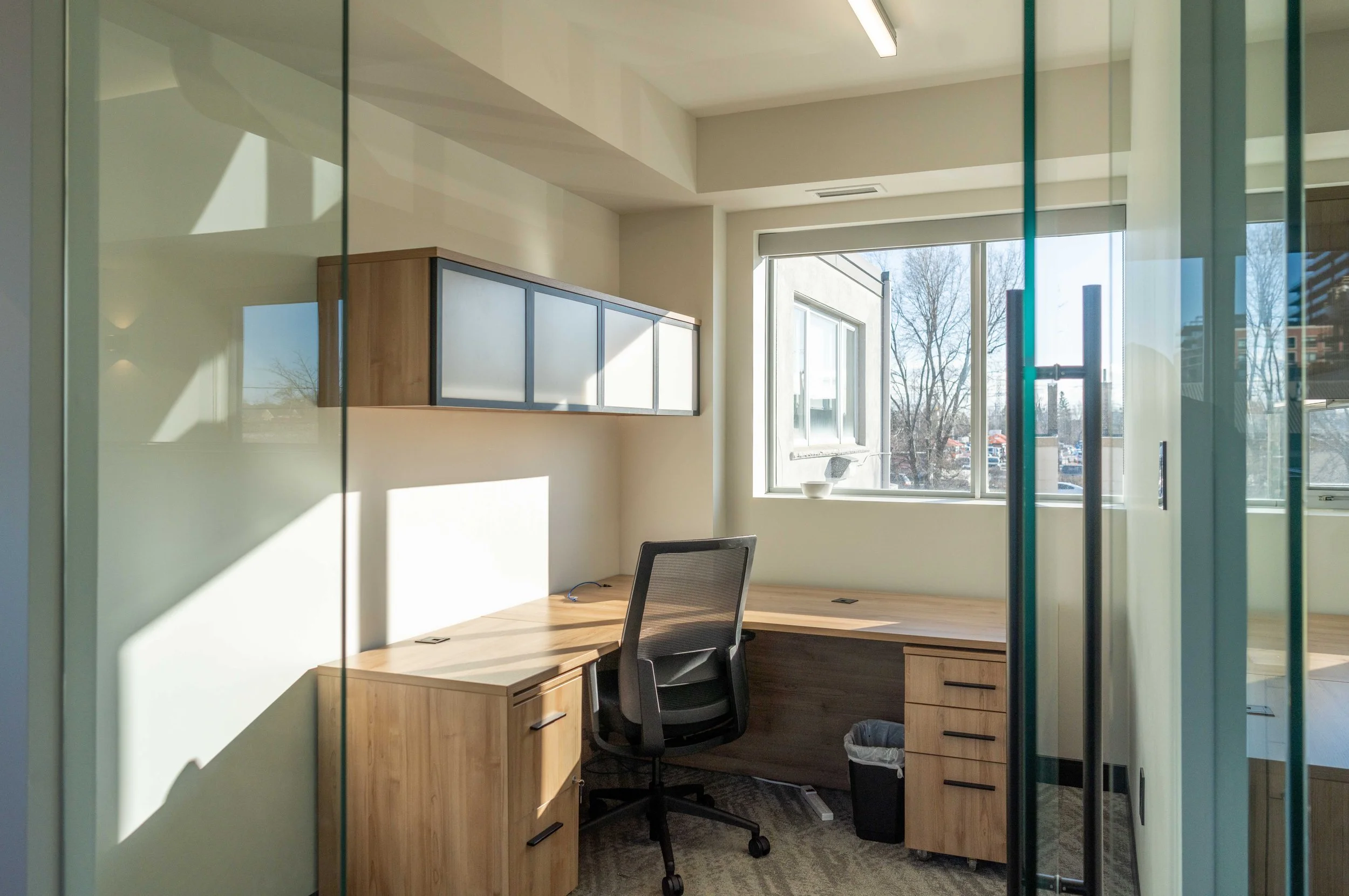 Modern office workspace with a wooden desk, ergonomic office chair, large window with blinds, and glass walls dividing the room. Natural light illuminates the space, and trees can be seen outside.