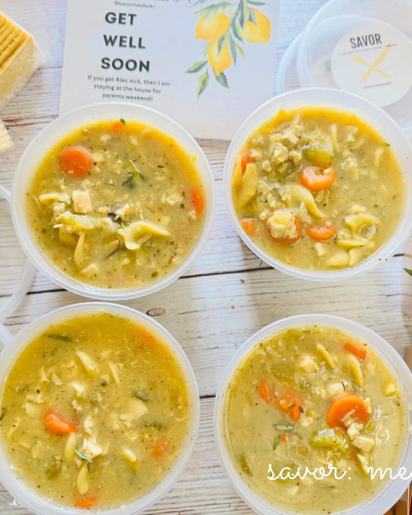 Roasted Chicken Noodle Soup, Soups and Cinnamon Rolls Menu