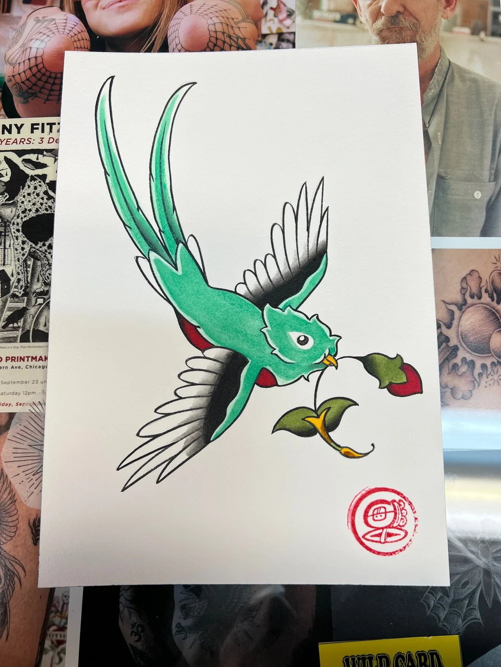 Rosebud Quetzal Painting by Rogelio Ortiz — CHERUBS TATTOO, image size:1000x1333