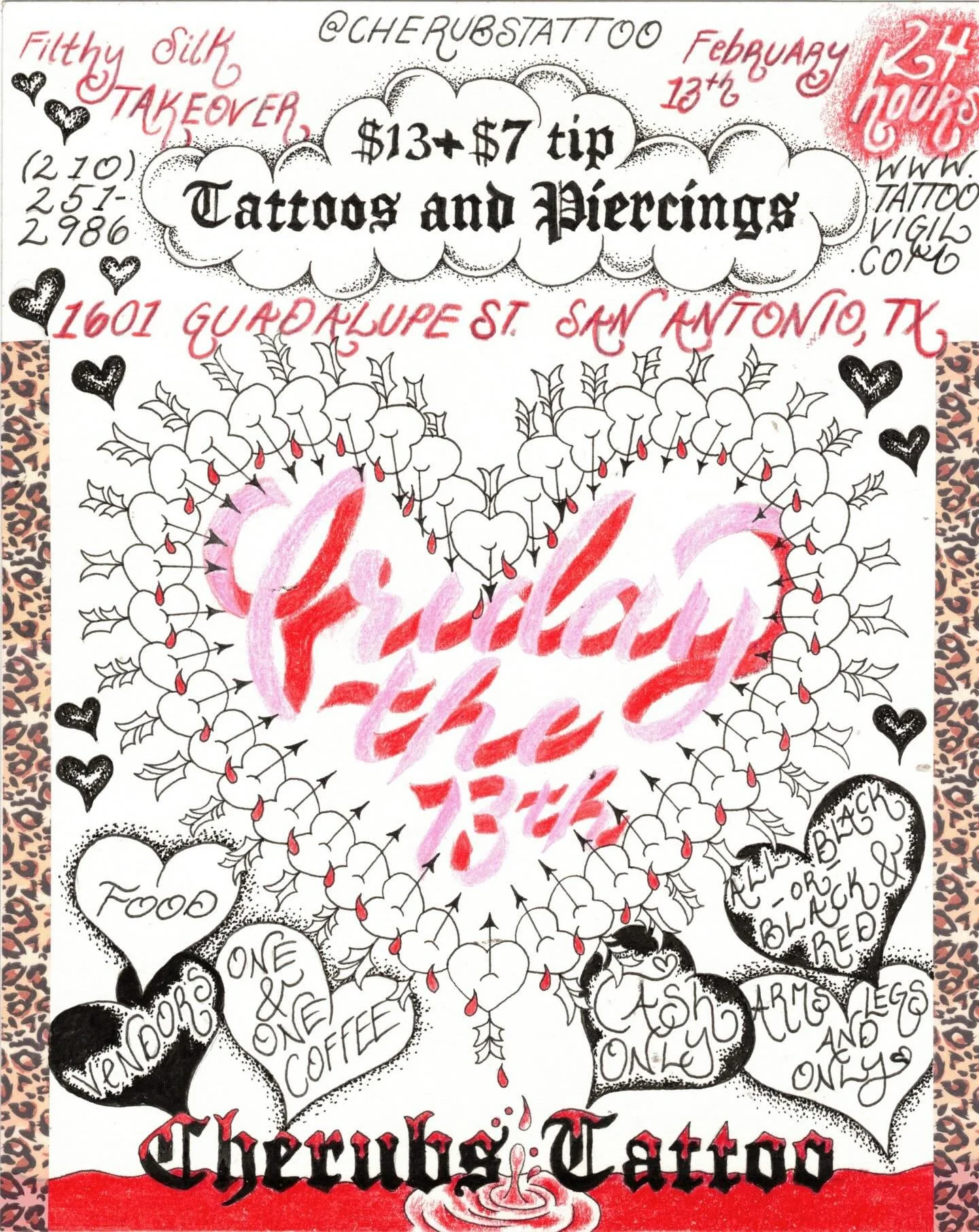 ❤️ FRIDAY THE 13TH AT CHERUBS ❤️
We&rsquo;re back with another 24 HOUR Friday the 13th! Join us for a full day of tattoos, piercings, and PARTY! We will be offering these selected tattoos and piercings for only $13 + $7 tip and we will be having anot