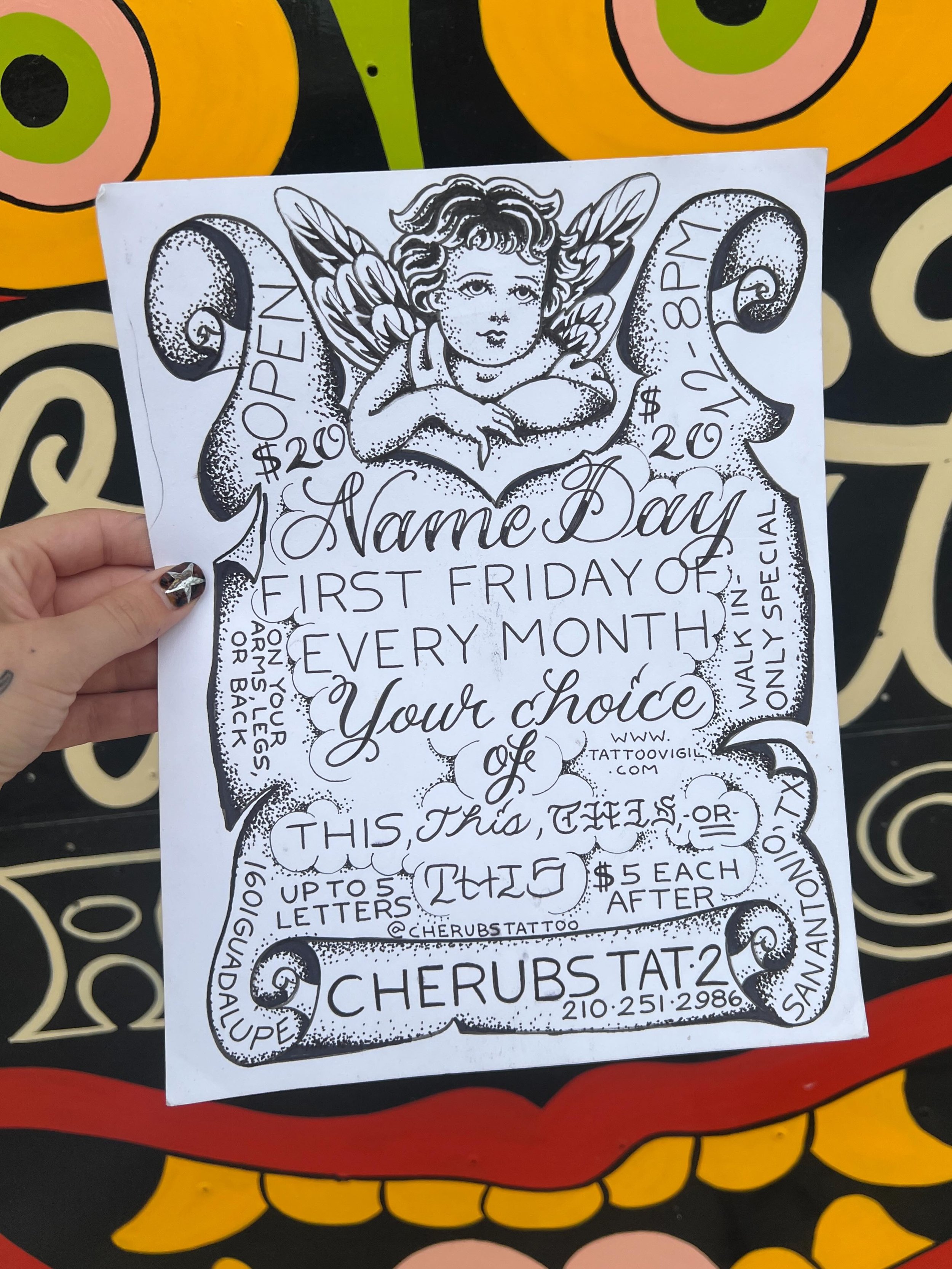 It&rsquo;s Name Day THIS FRIDAY at Cherubs Tattoo from 12-8! $20 for any 5 letter word ($5 each letter after) Bold or fine, 4 lettering styles to choose from and can be tattooed on your arms, legs, or back! Every FIRST FRIDAY, walk-ins only. :-) Flye