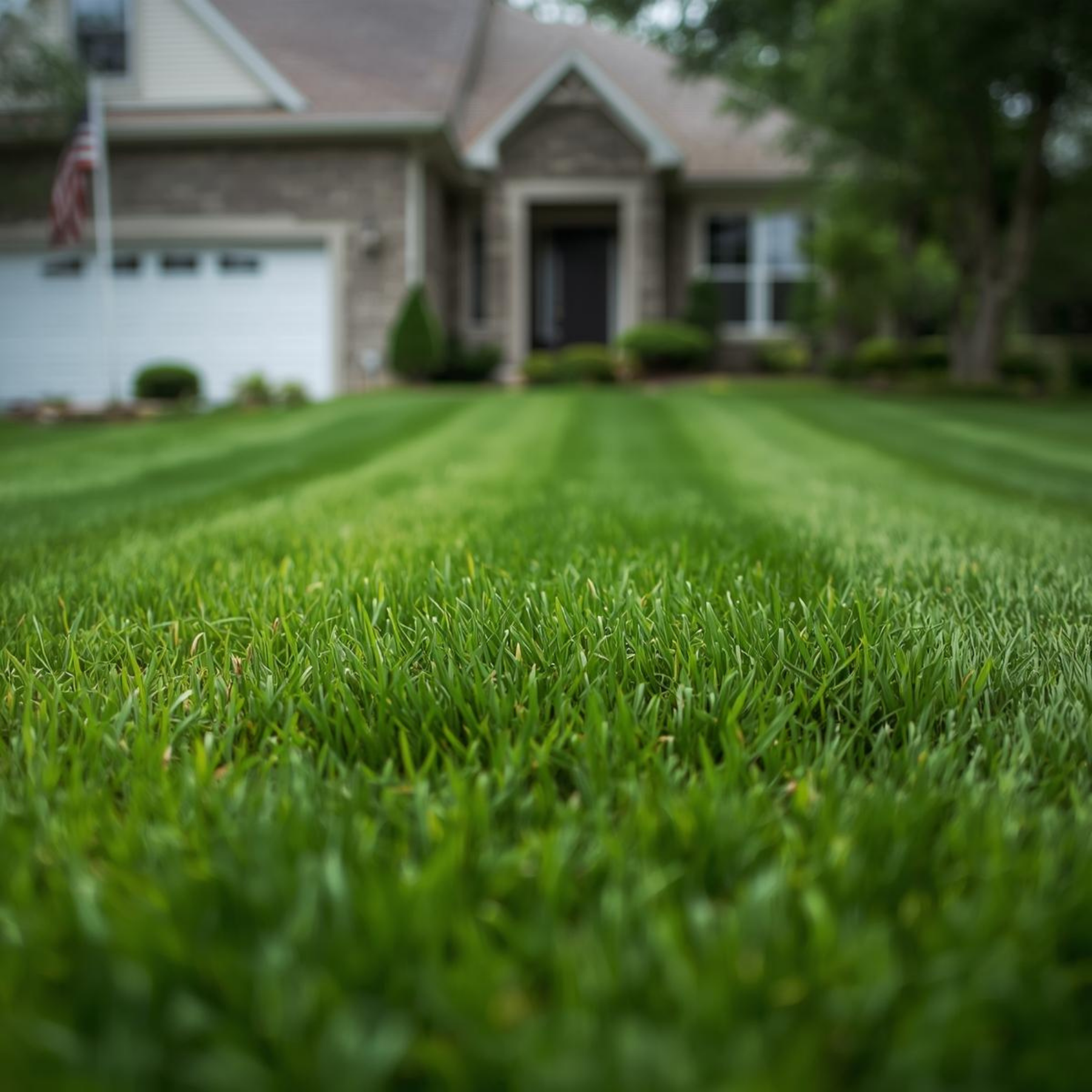 Close-up view of freshly mowed green grass in front of a blurred house with a driveway, windows, and an American flag.