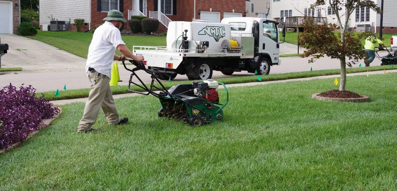 A man mowing a lush green lawn with a small commercial mower, while another worker in the background is trimming bushes and a worker on a bicycle is in the distance. There is a truck parked on the street and a tree in the yard.
