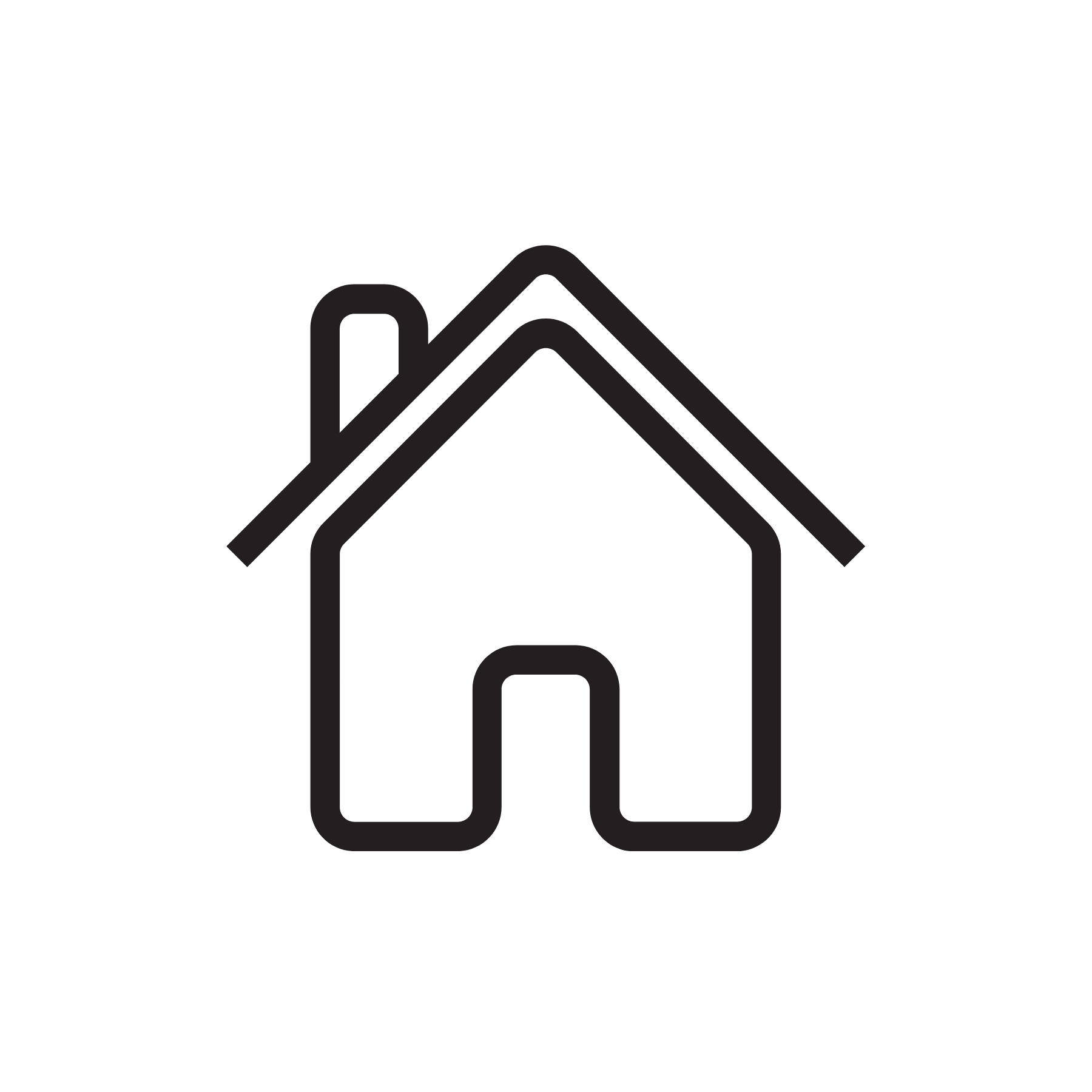 Outline drawing of a house with a chimney.