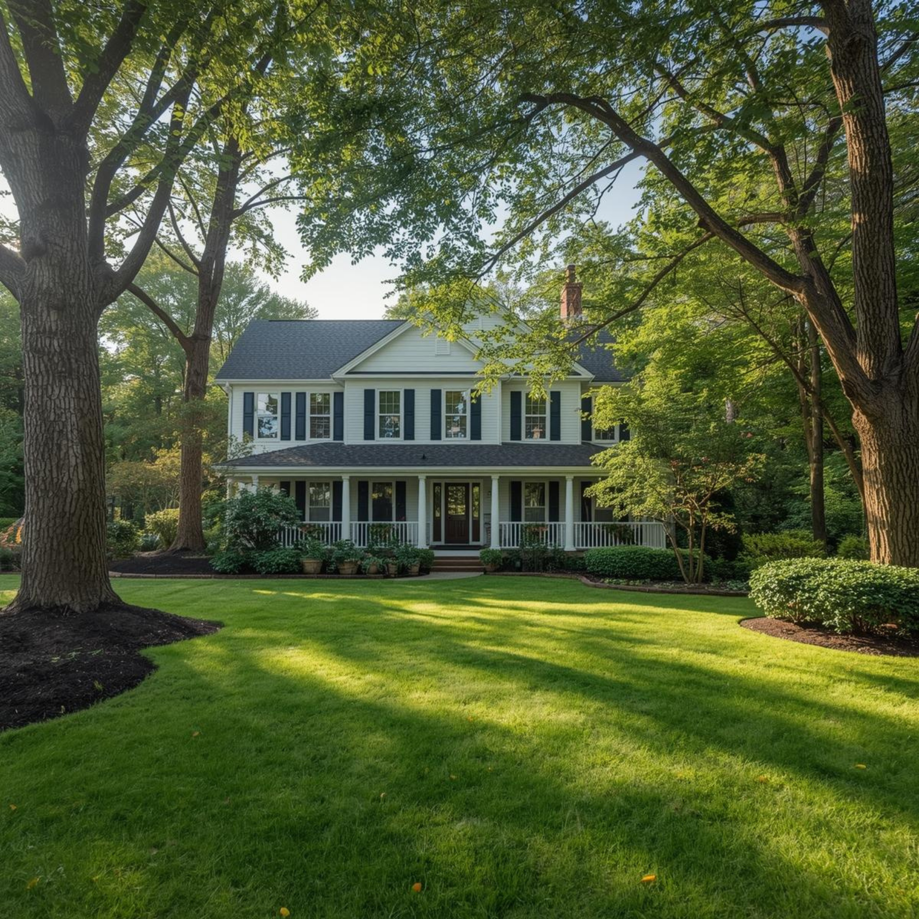 A large two-story house painted white with dark shutters, surrounded by green trees and a well-maintained lawn.