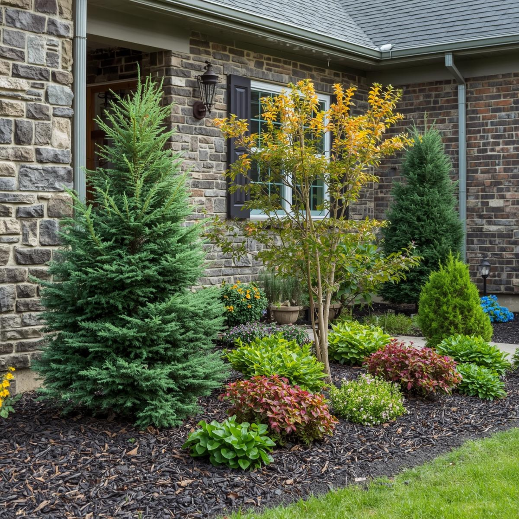 A landscaped front yard garden with a variety of shrubs, small trees, and flowering plants in front of a brick house wall with window and shutters.