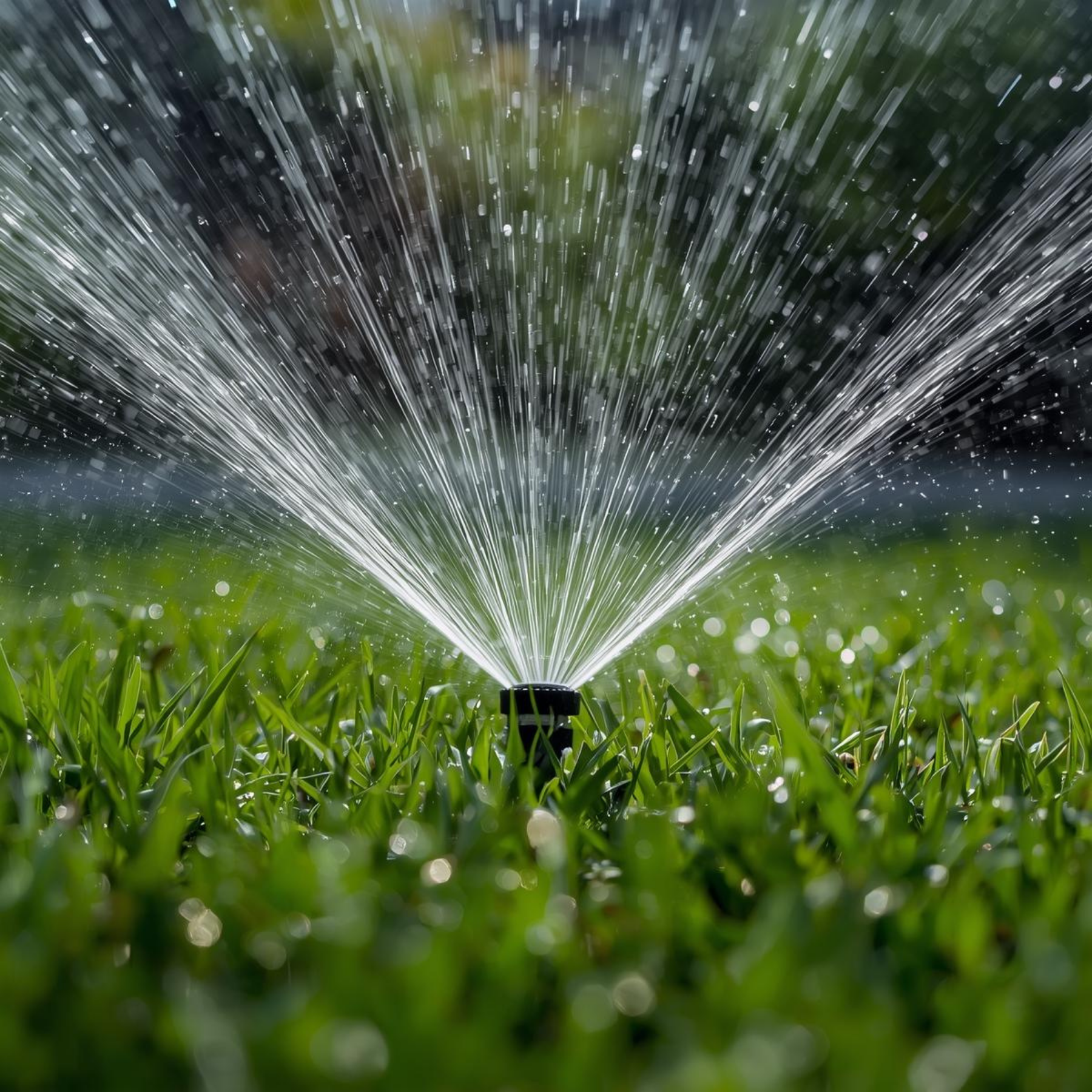 Close-up of a garden sprinkler water sprayed over green grass, with water droplets sparkling in the sunlight.