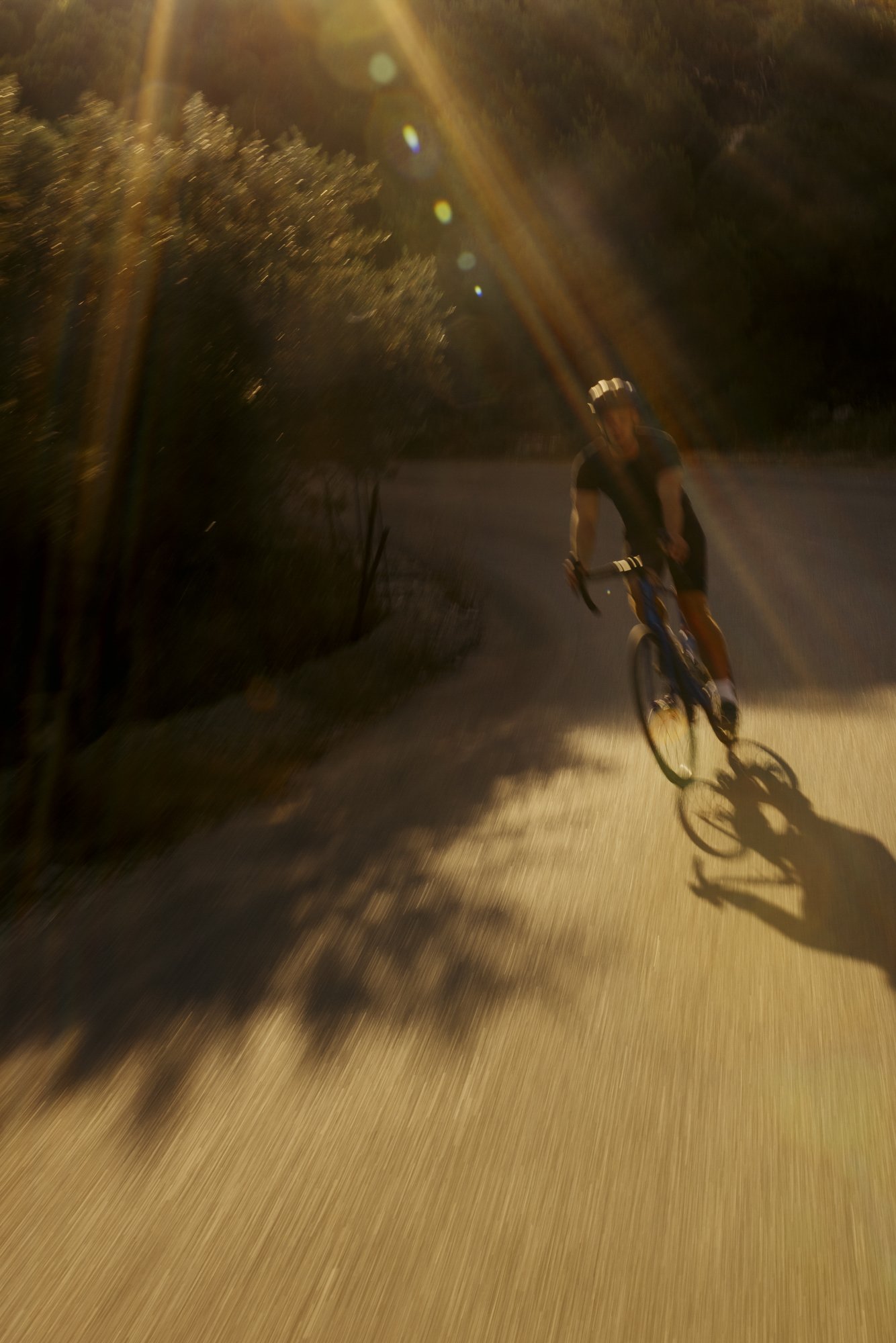A person riding a bicycle on a road during sunset, casting long shadows and with sunlight creating a lens flare.
