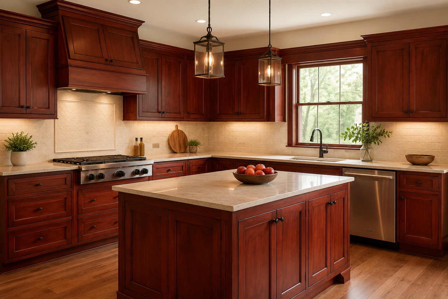 Cherry kitchen cabinets with cream walls and light quartz countertops in a Middle Tennessee home
