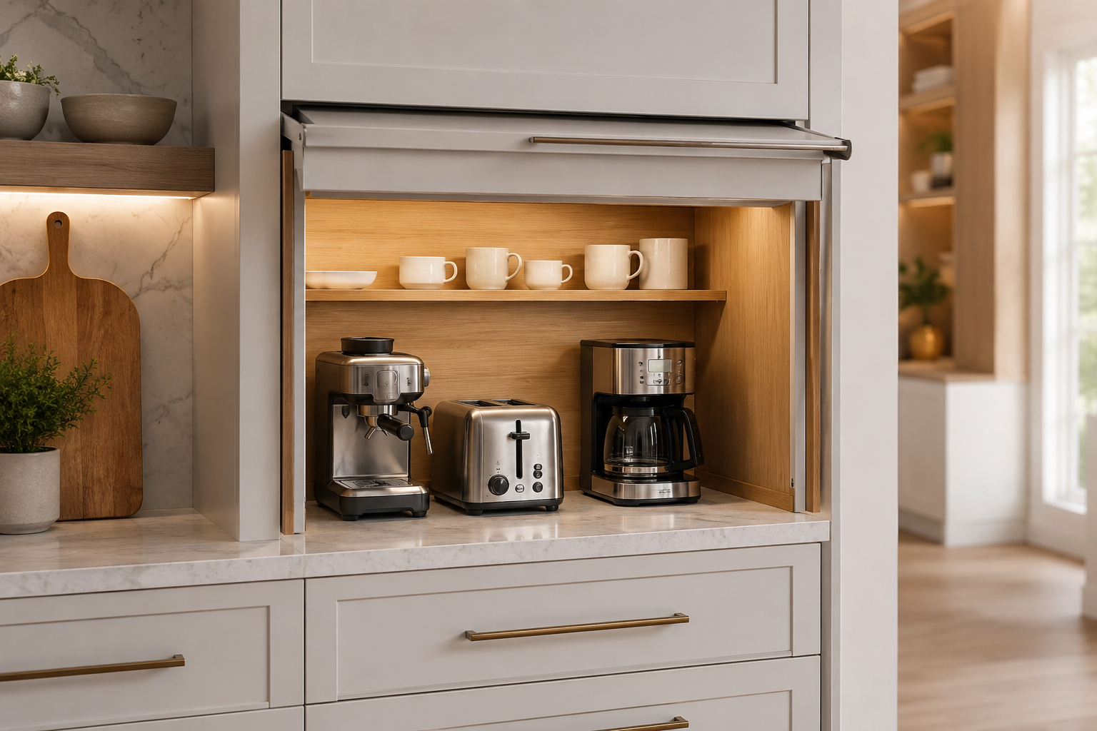 Modern kitchen appliance garage with a retractable cabinet door, neatly storing a coffee maker, toaster, and espresso machine on a marble countertop in a bright, contemporary kitchen.