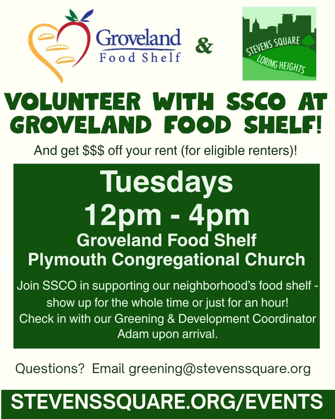 Hello community- Don't forget to join us today (and every Tuesday now through June) for SSCO volunteer hours at Groveland Food Shelf from 12pm - 4pm!

Join us to make a local impact for the whole time or just an hour - connect with neighbors and SSCO