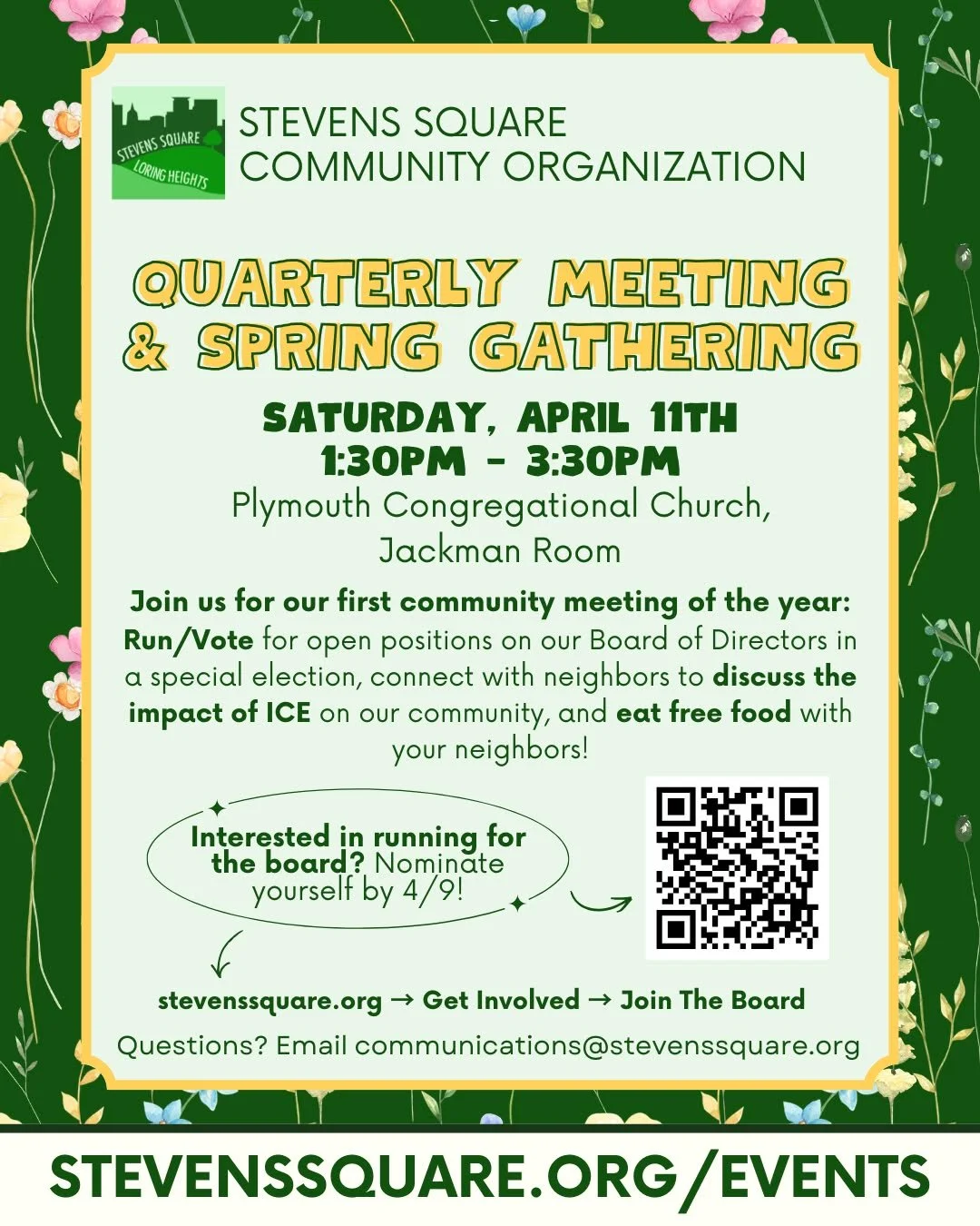 It's time for our first quarterly meeting!

Join us on Saturday, April 11th from 1:30pm - 3:30pm at Plymouth Church (Jackman Room, on the lower level) for food, community conversation with neighbors about how ICE has impacted our community, and run/v