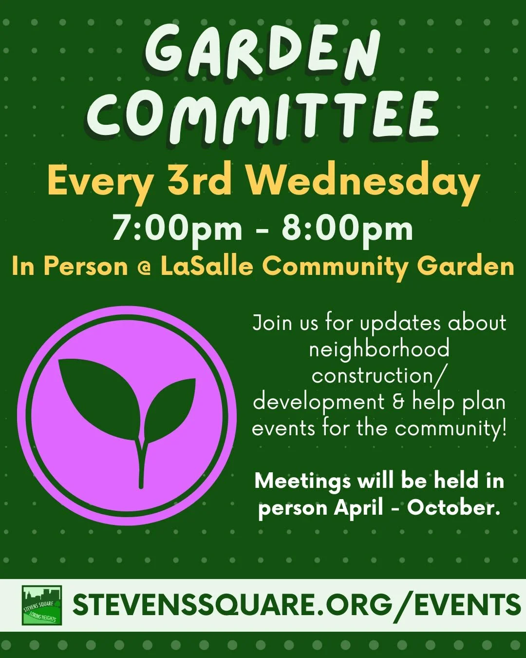 Join us TONIGHT at 7pm for our monthly Garden Committee meeting!

The Garden Committee provides a space for those with plots in Lasalle Garden, help care for the Overlook Garden, or who just have a green thumb to gather, learn about, and engage with 