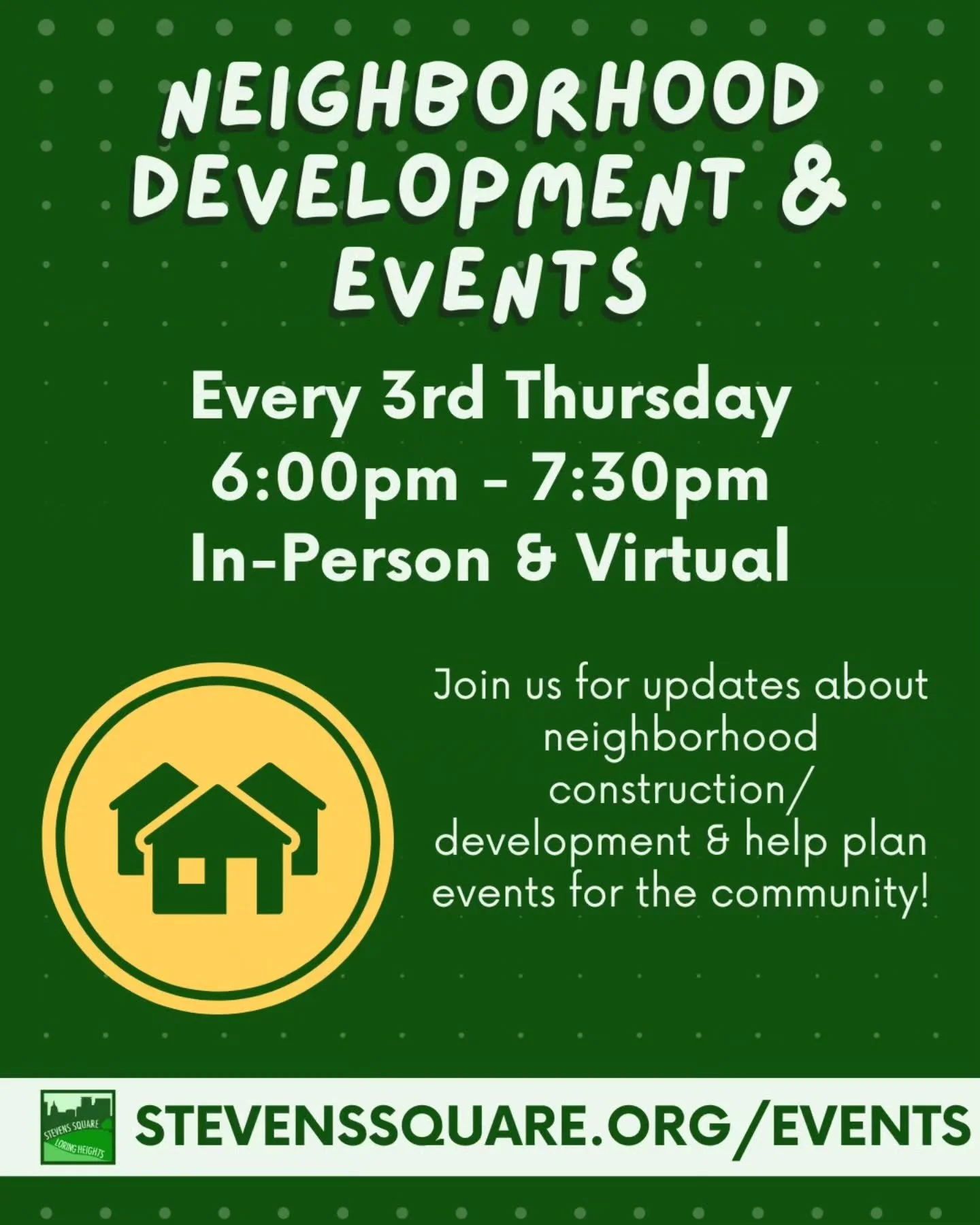 Reminder: Our neighborhood Development &amp; Events Committee meeting is TONIGHT 6pm - 7:30pm!

Join us in person at Plymouth Congregational Church or online via zoom.

This meeting is eligible for our rent discount program for renters of participati