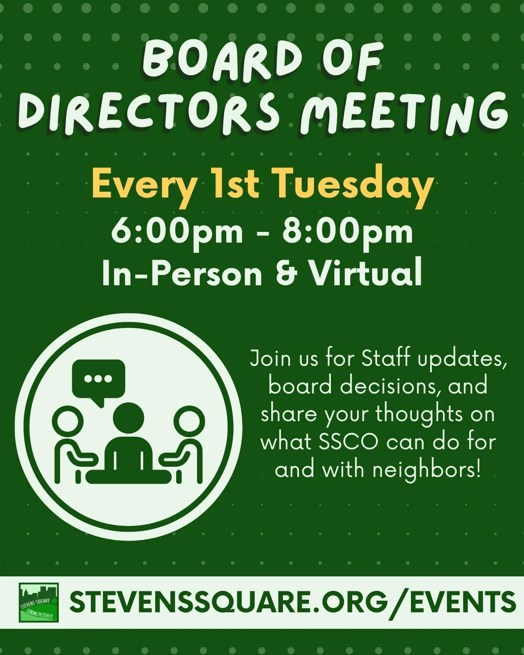 Join SSCO for our April Board of Directors meeting TOMORROW from 6pm - 8pm in person (rm 215 at Plymouth Congregational Church) or online on zoom (link on our website).

Hear staff &amp; local updates, board decisions and finances, and share your tho