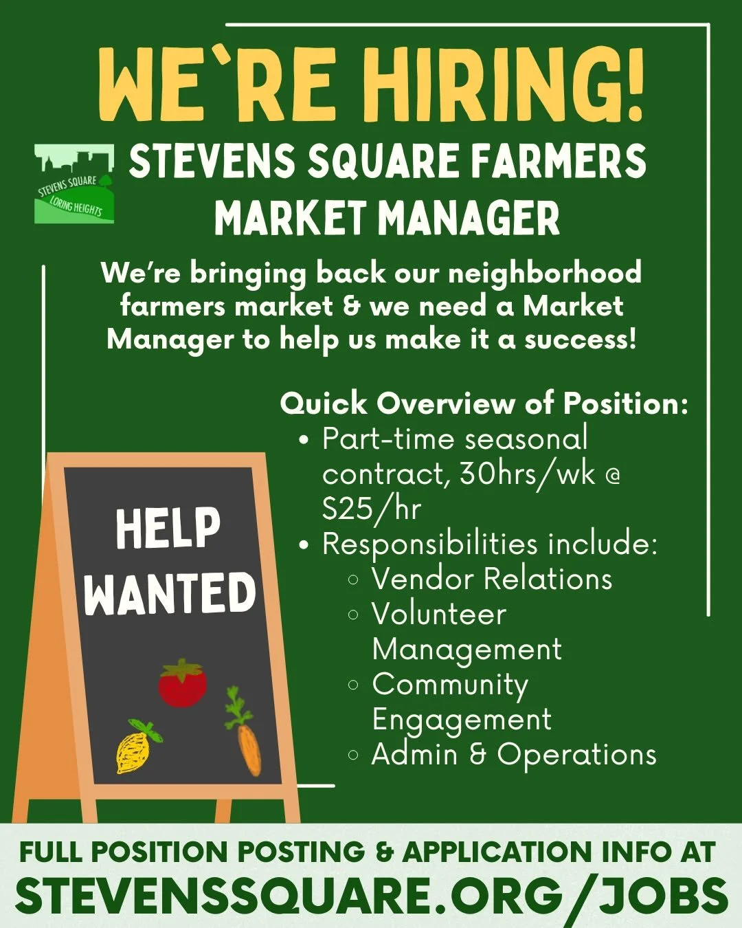 We are bringing back our Farmers Market, which means we are hiring!!!

SSCO is searching for a Market Manager to help us make this market a success. This would be a part-time seasonal contract at 30hrs/week at $25/hr.

A quick overview of the respons