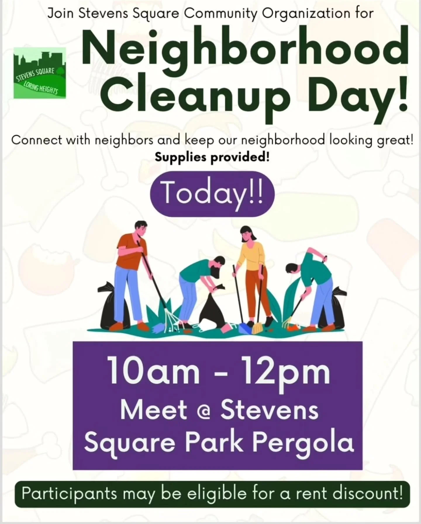 Our June Neighborhood Cleanup is today 10am - 12pm!

Join us in the park to grab supplies and help us keep our neighborhood tidy!

Participants may be eligible for money off their rent!