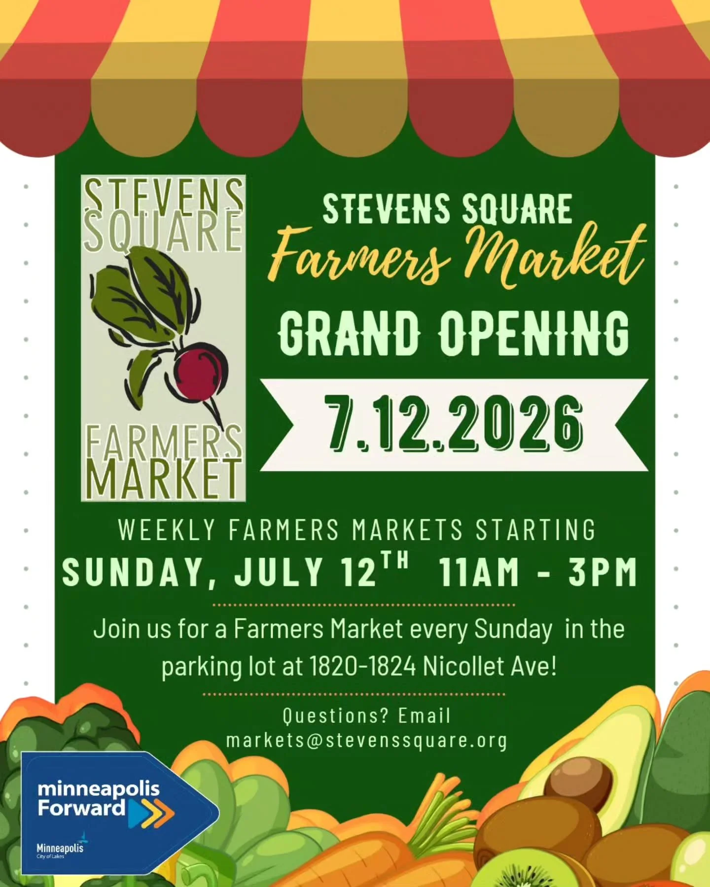 Hi neighbors!!!

To provide the best market experience to start off our season, we will be starting NEXT Sunday, 7/12!

Join us in the parking lot at 1820-24 Nicollet (the lot next to the Village Center) next Sunday for the re-start of the Stevens Sq