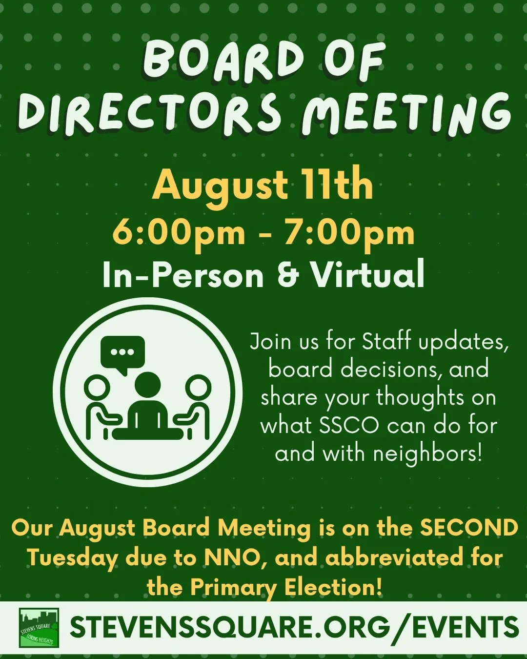 Hello neighbors!!

This month's Board of Directors meeting will be happening off of our regular schedule!

It will be held this month on the SECOND Tuesday so folks can join us, Nico Apartments and Abbott Apartments for National Night Out!

Our meeti