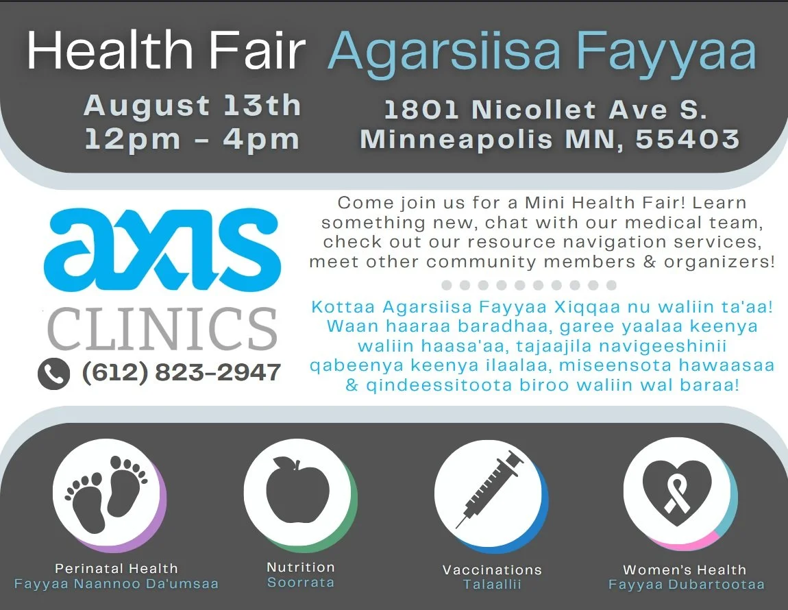 We're excited to join Axis for their Health Fair on 8/13!

Stop by to connect with various health and community resources right in the lobby- take care of your health and connect with your community at the same time! See you there!