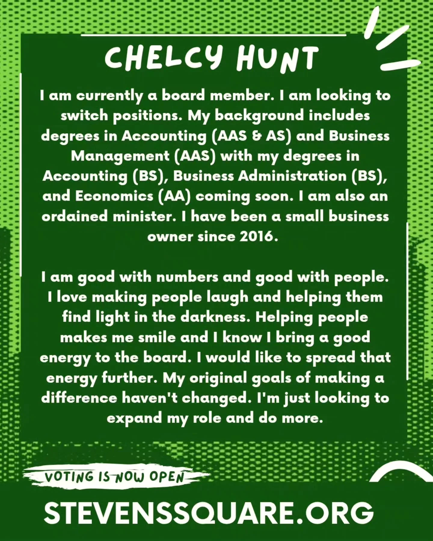 Voting is open for our next Board of Directors- vote online by 2pm on 8/30!

Need to read up on the nominees? Read their bios:

Chelcy is running for Treasurer, a 2yr term:

"I am currently a board member. I am looking to switch positions. My ba