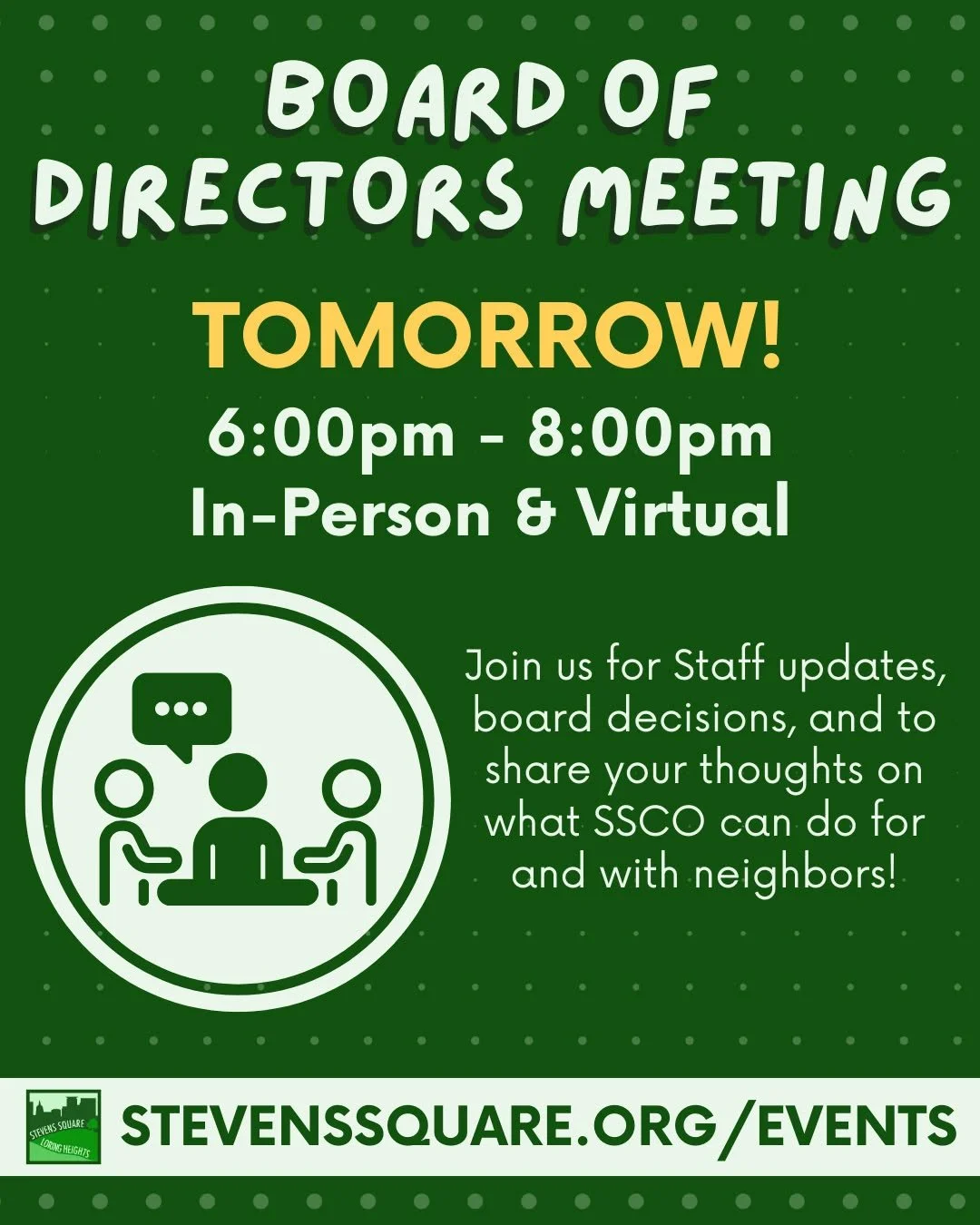 Join SSCO for our September Board of Directors meeting TOMORROW from 6pm - 8pm in person (rm 215 at Plymouth Congregational Church) or online on zoom (link on our website).

Hear staff &amp; local updates, board decisions and finances, and share your