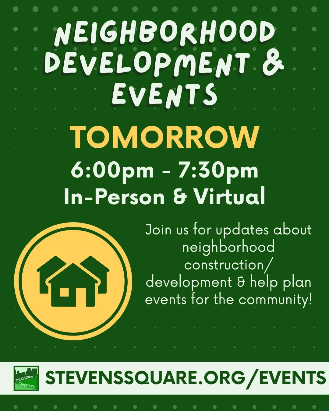 Reminder that TOMORROW is the third Thursday in June, so join us for our Neighborhood Development &amp; Events Committee meeting to discuss upcoming projects in the neighborhood and events!

Attendees may be eligible for our rent discount program!

G