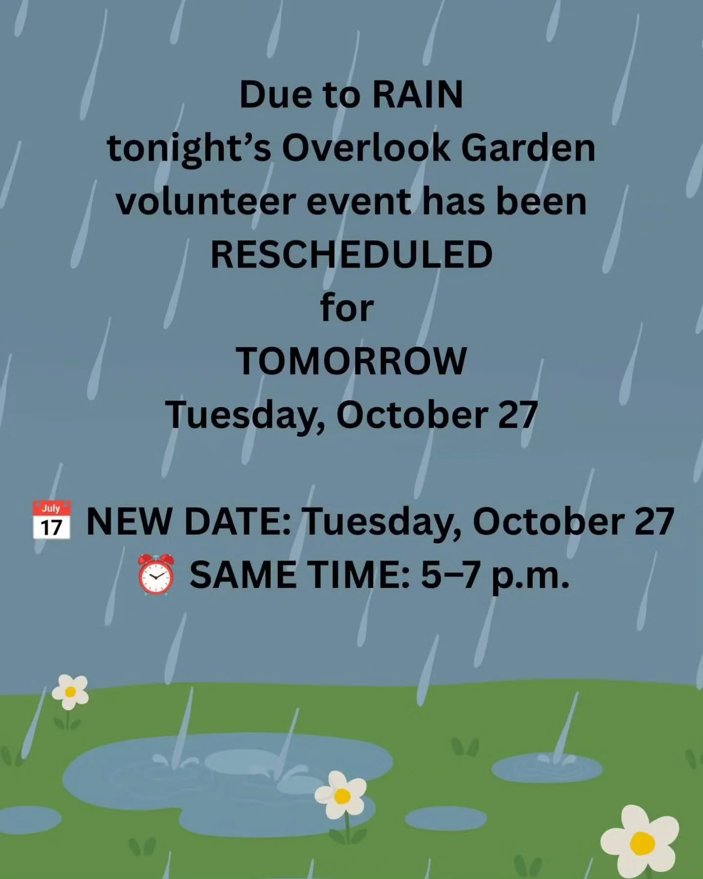 Hi Neighbors!!

Tonight's Overlook Garden Day is rescheduled to TOMORROW due to the rain.

Join us TOMORROW 5 - 7 at Overlook Garden to plant bulbs for next year!