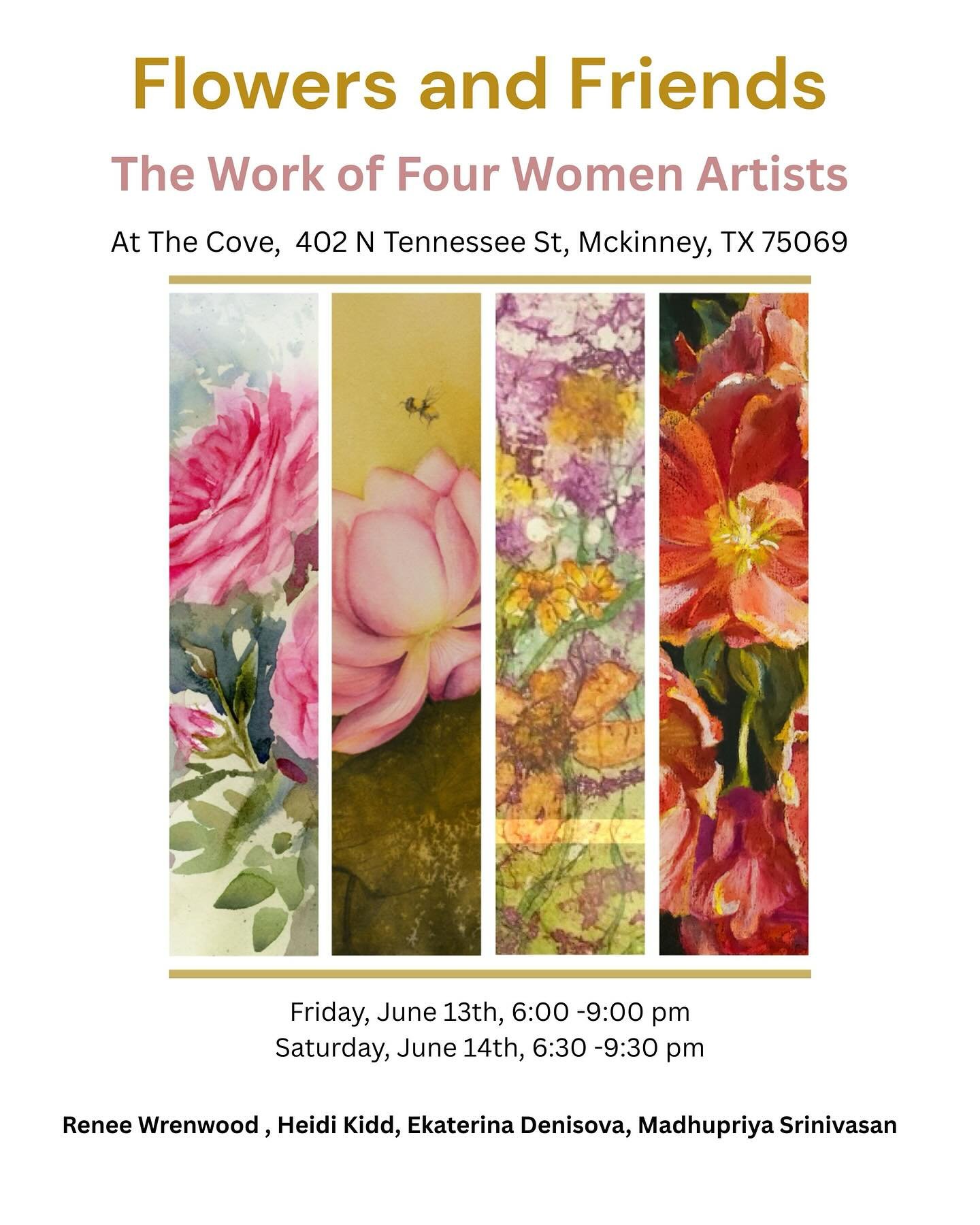 So excited to be part of this amazing group of women artists and showcase our 
&lsquo; Flowers and friends&rsquo; art 🌸🐝

@heidi.kidd.art @katya.shakty @reneewrenwood and me! 😍

Please join us Friday June 13th 6:00-9:00 pm
  Saturday June 14th, 6: