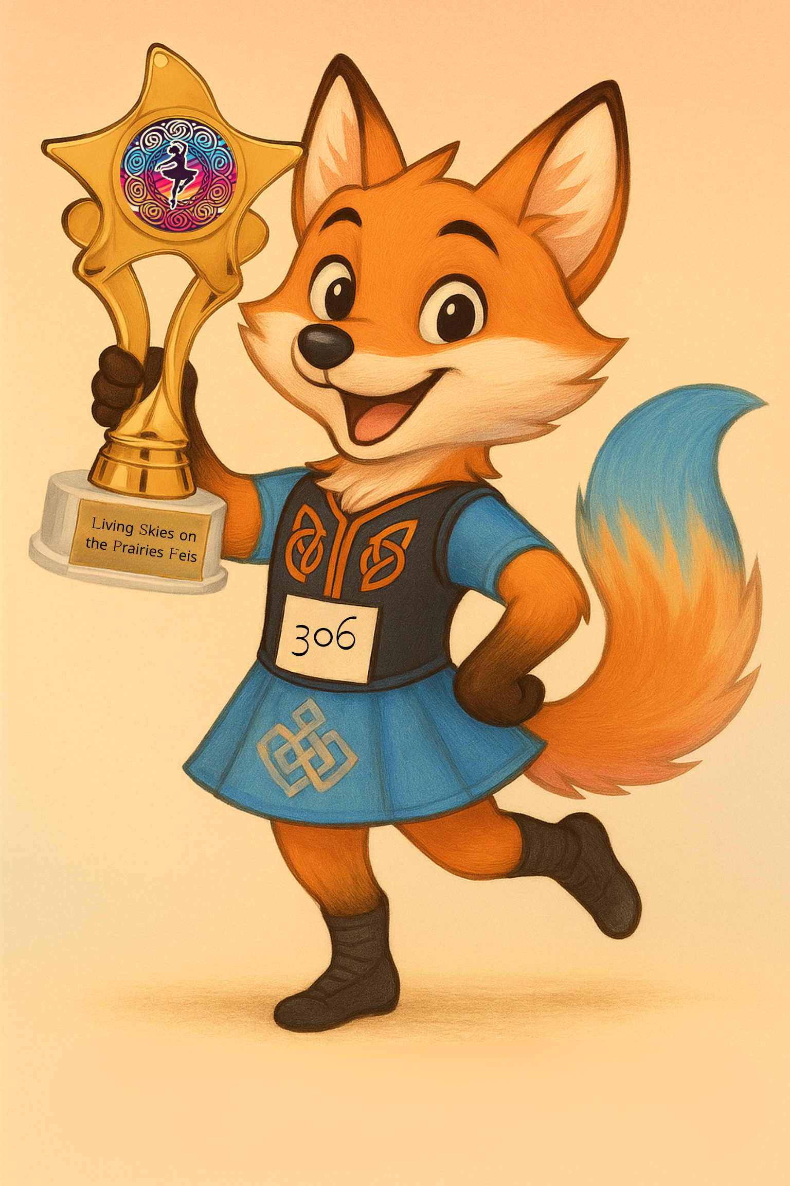 Animated fox character holding a trophy in a blue kilt and top, with the number '306' on its chest, celebrating a victory. The trophy reads 'Living Skies on the Prairies Feis' and features a dancer figure.