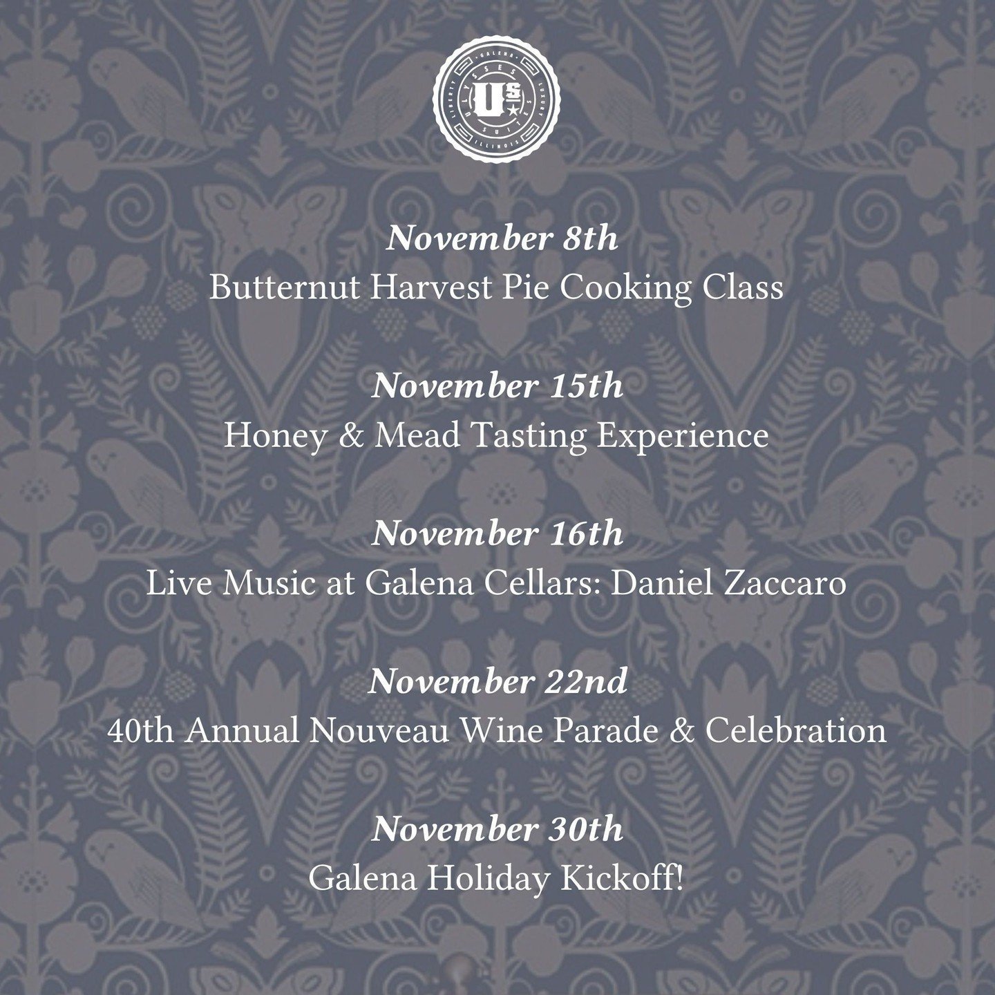 Fall festivities are winding down as we transition into the holiday season! Take a look at some of the fabulous events coming to Galena and the surrounding areas this month:⁠
⁠
🥧 November 8th - Butternut Harvest Pie Cooking Class⁠
(6 pm - 7:30 pm)⁠
