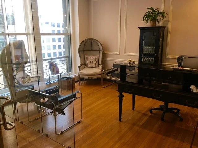 A small office room with hardwood floors, a glass door, and a large window. It contains two chairs, a small table, a black cabinet with glass doors, a black desk with a chair, and a plant on top of the cabinet.