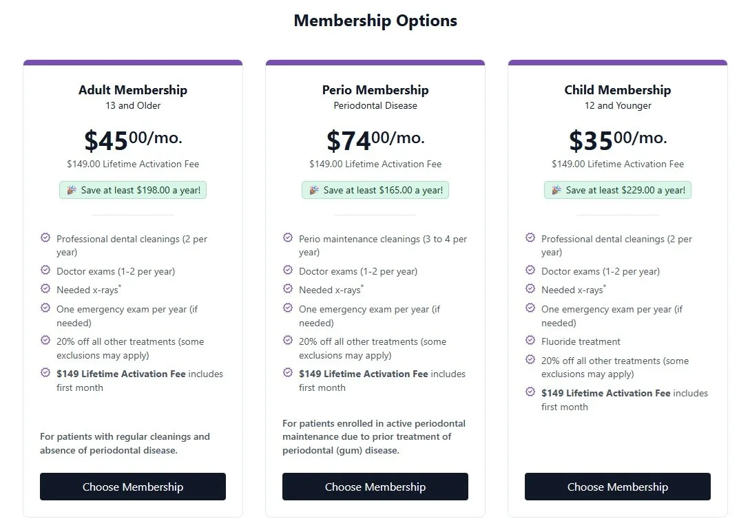 Comparison chart of dental membership options including adult, perio, and child memberships, with pricing, savings, and included services.
