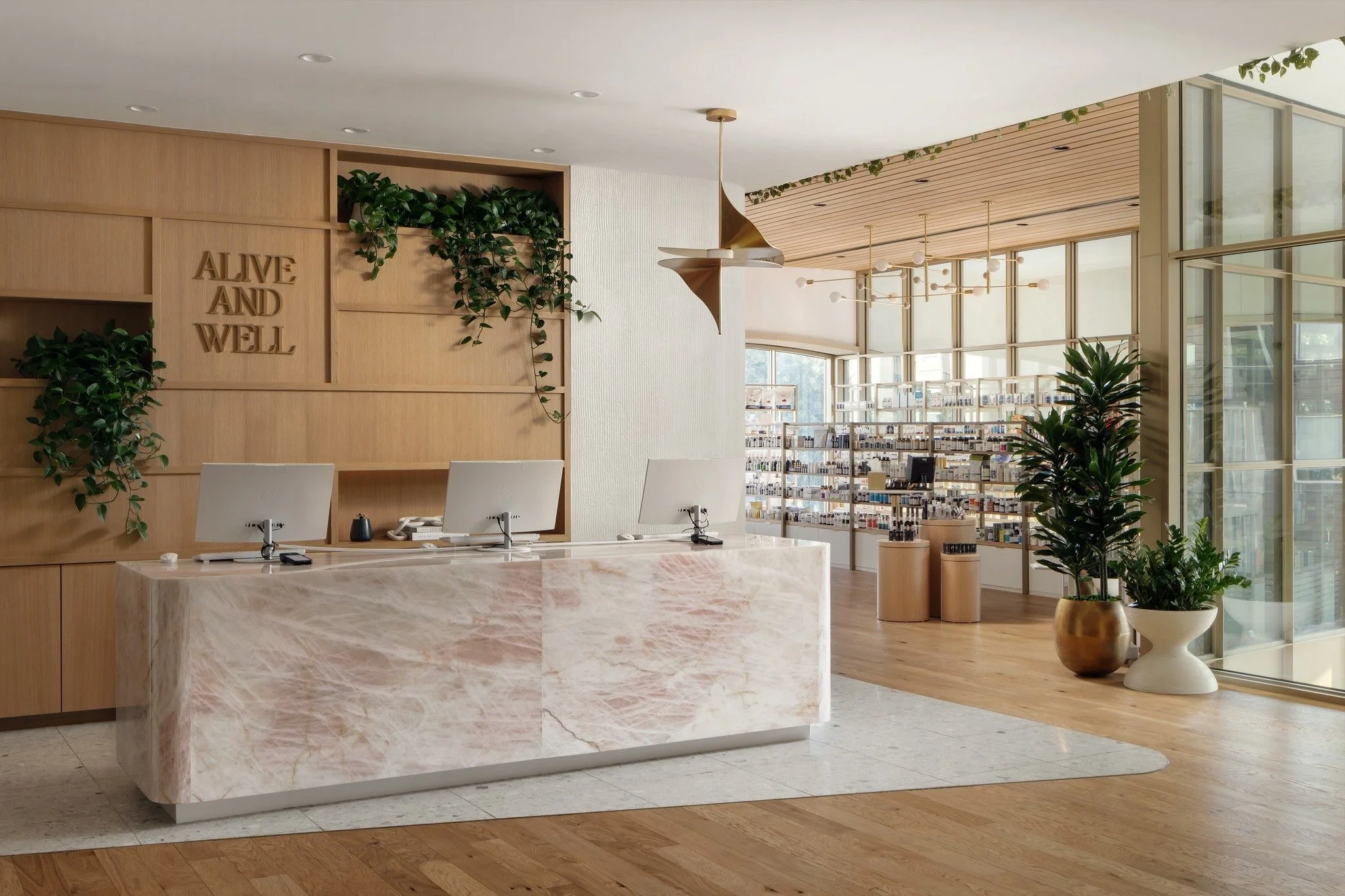 A sanctuary designed to slow you down the moment you walk through the door.
For Alive And Well Dallas, our vision was to create an environment carefully crafted to encourage calm, clarity, and renewal, where every material, texture, and detail contri