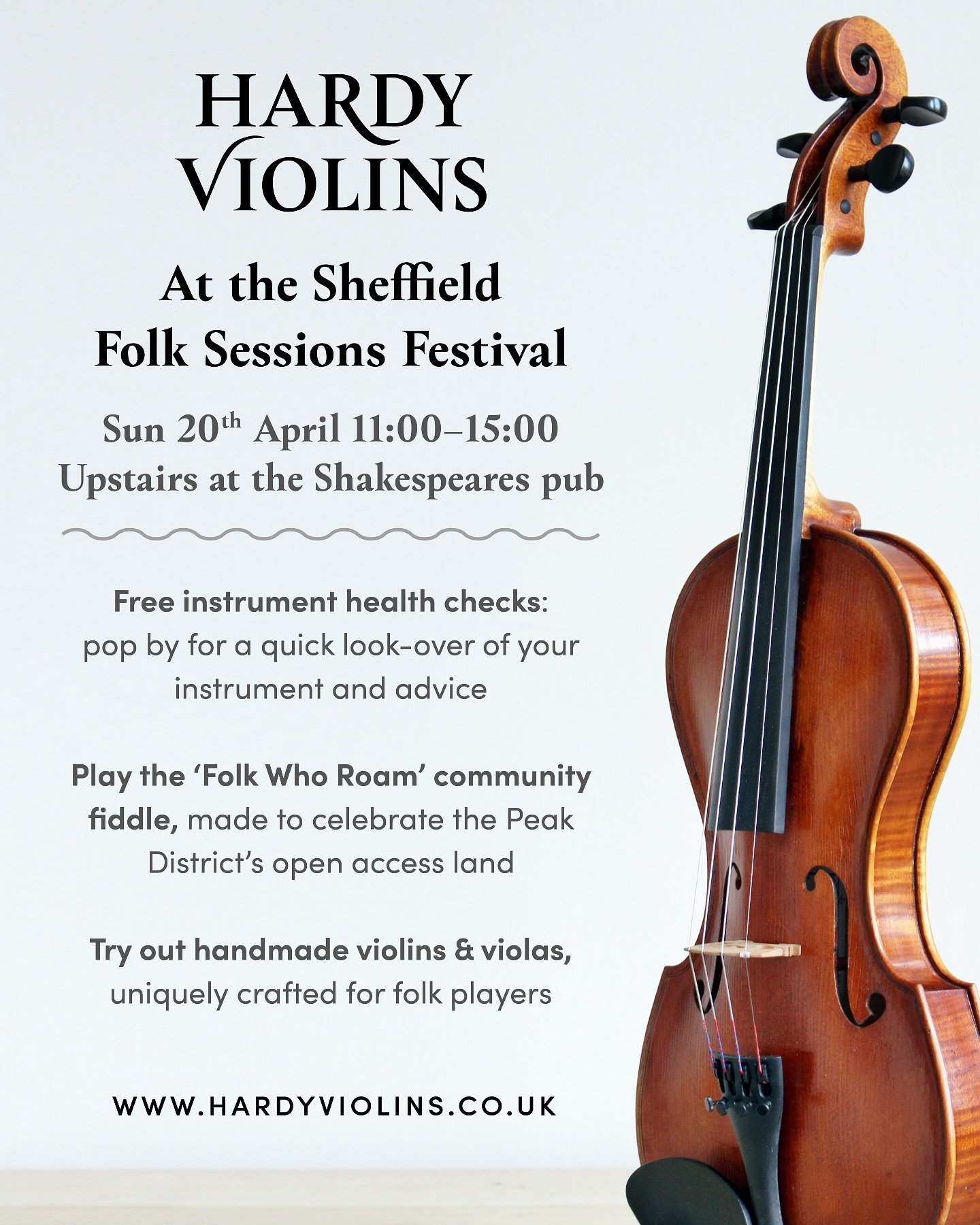 I&rsquo;m pleased to be returning to the Sheffield Folk Sessions festival this year, offering free instrument health checks and showcasing some unique handmade instruments - including the @folkwhoroam community fiddle. Pop by and say hi at Shakespear