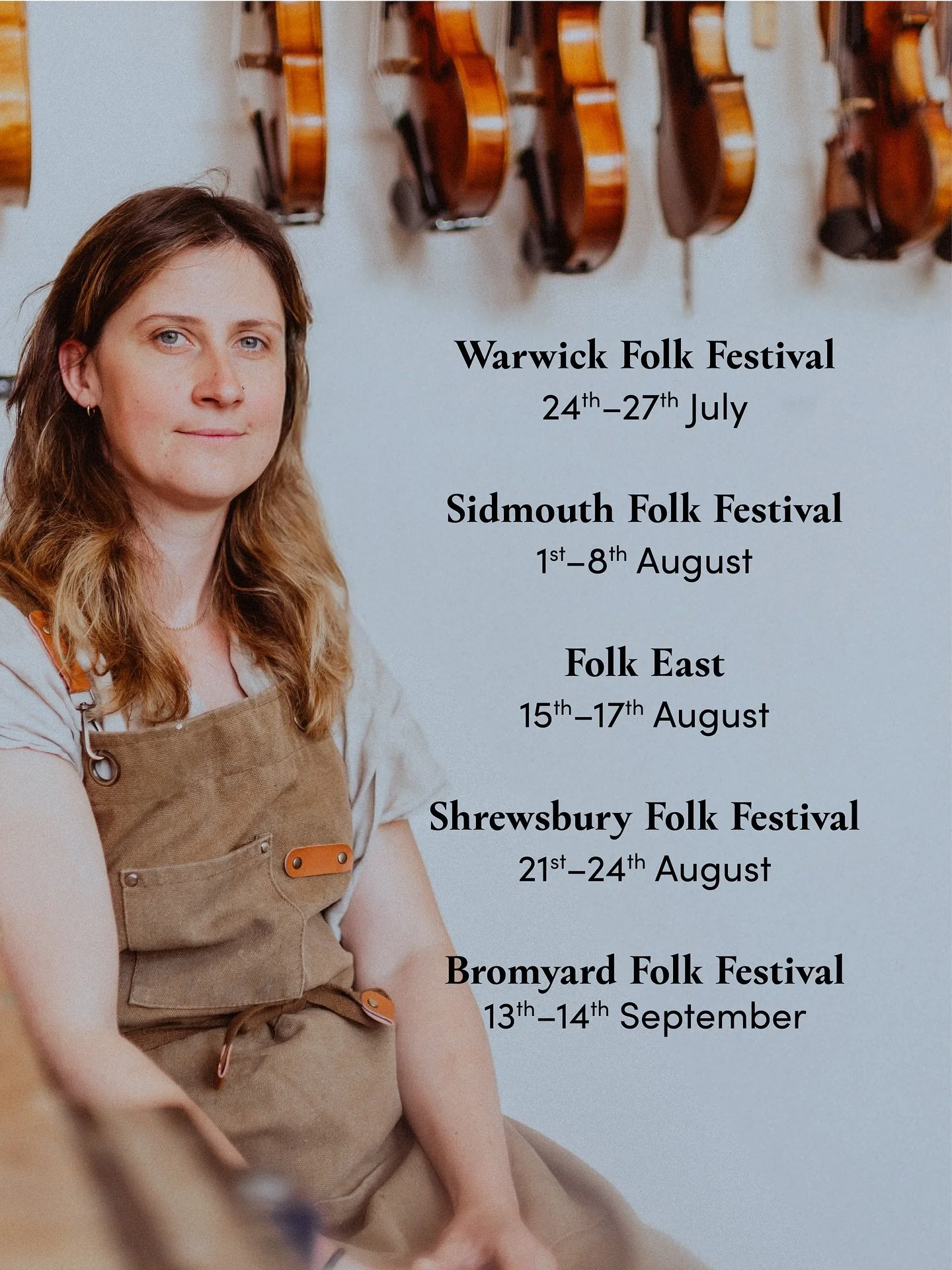 Catch me at folk festivals around the country this summer!

Come try out my handmade violins &amp; violas, ask repair/maintenance questions about yours, or borrow the Folk Who Roam community fiddle for a session. 

Looking forward to the conversation