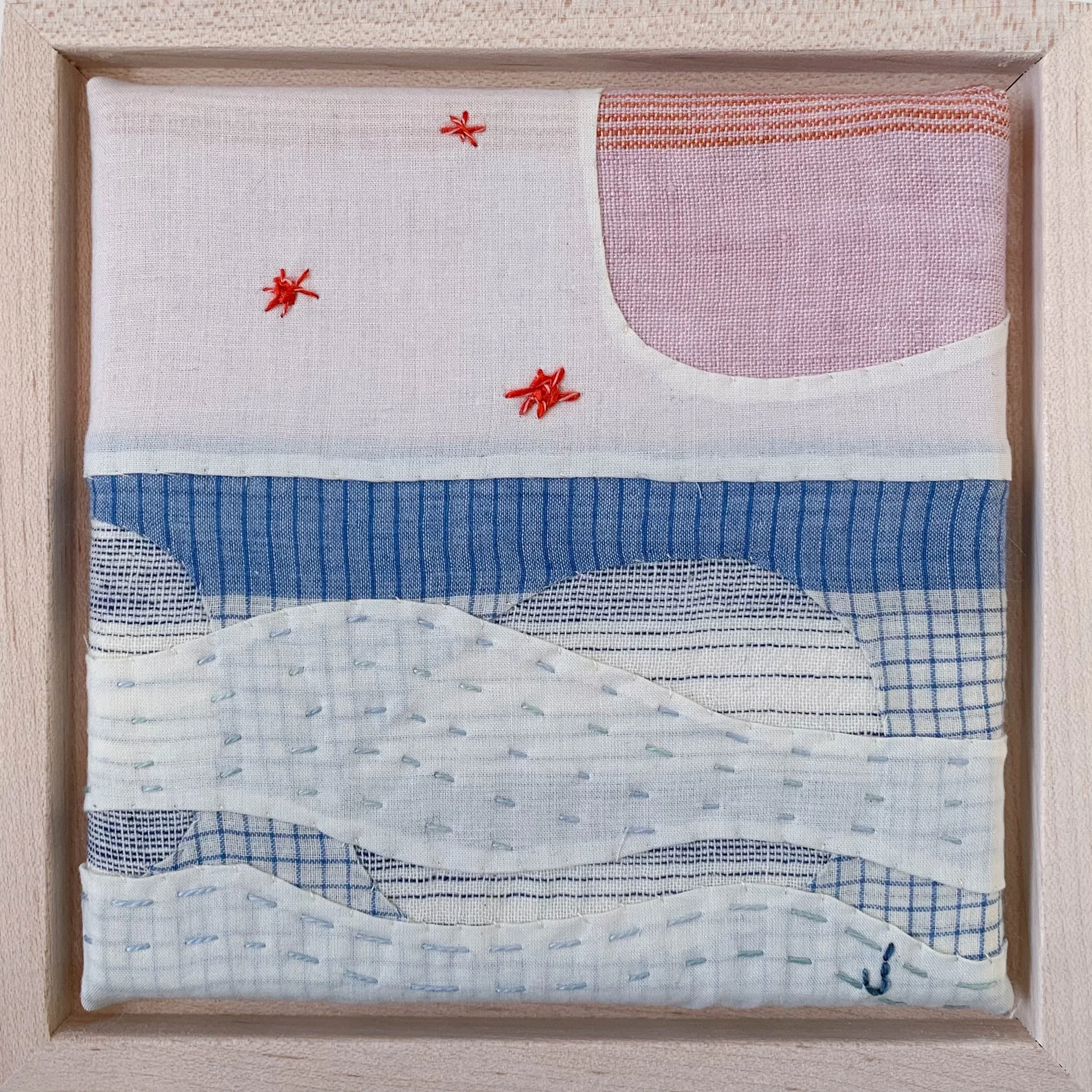 A BEAUTIFUL NEW DAY 2 + Linen and cotton fabrics; 5 x 5 inches