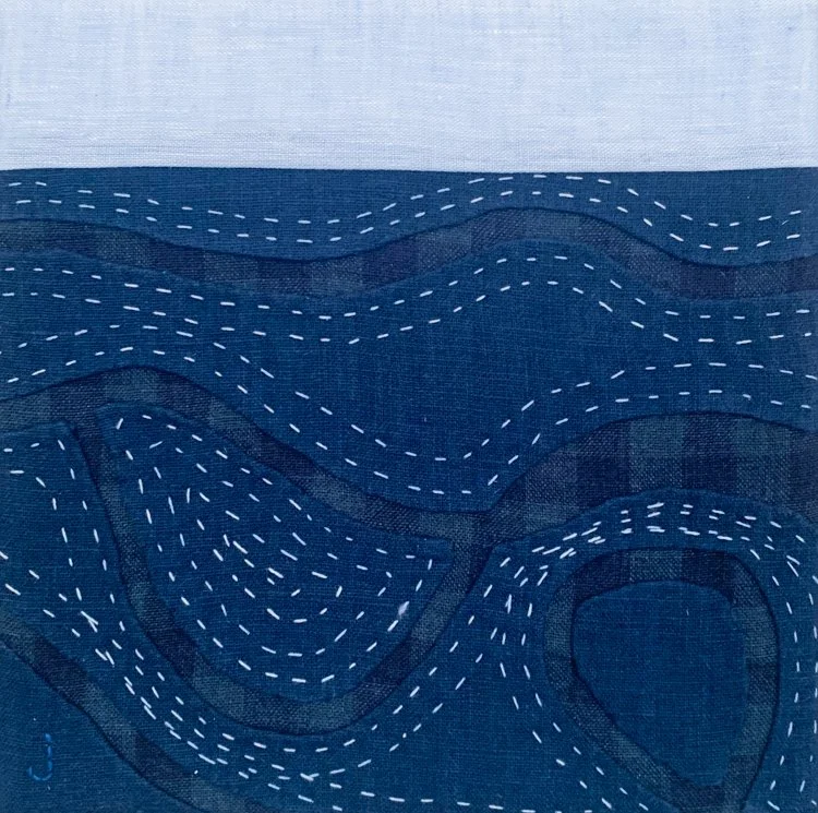 FOLLOWING THE TIDES 1 + Linen and cotton fabrics; 8 x 8 inches