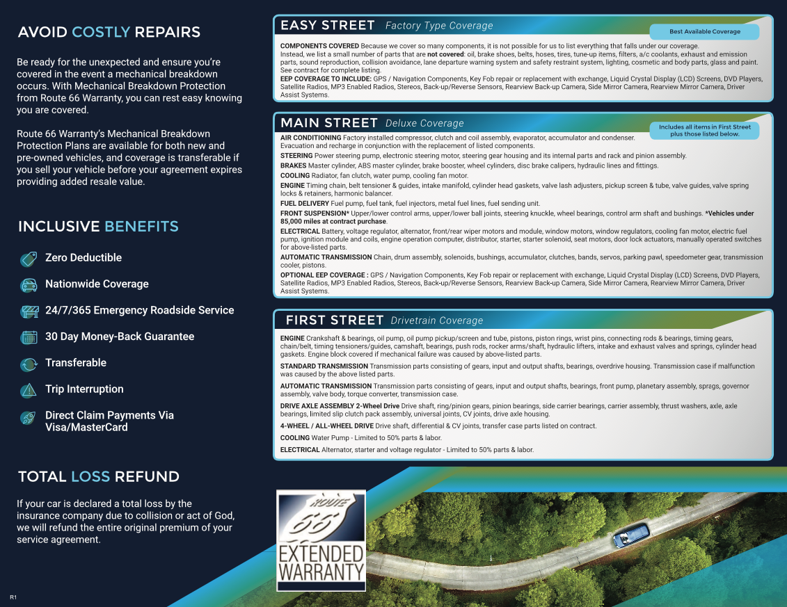 Route 66 Warranty has a complete line of coverage designed to keep your vehicle on the road.