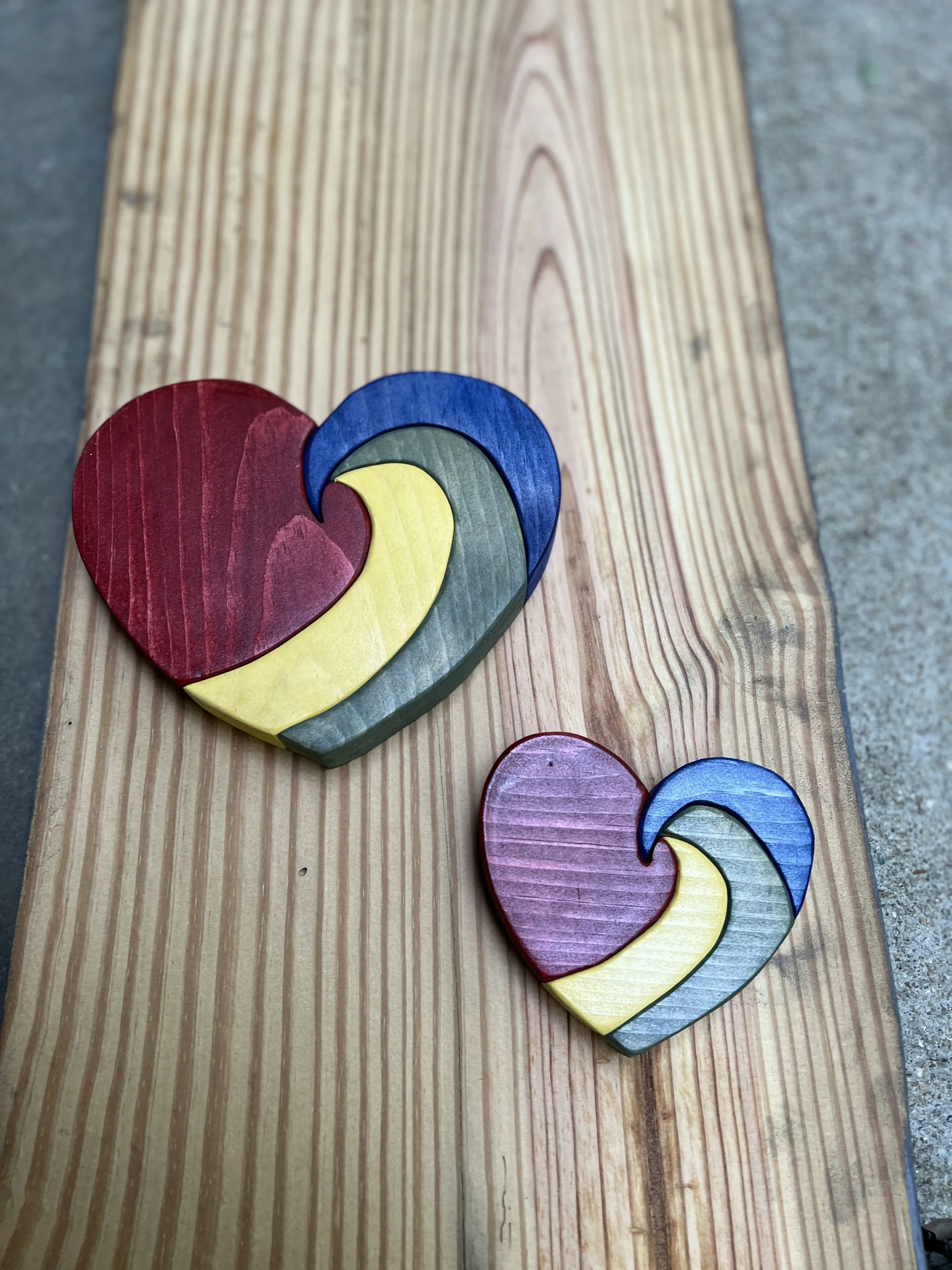 Rainbow stained hearts. Pine. Multiple sizes
