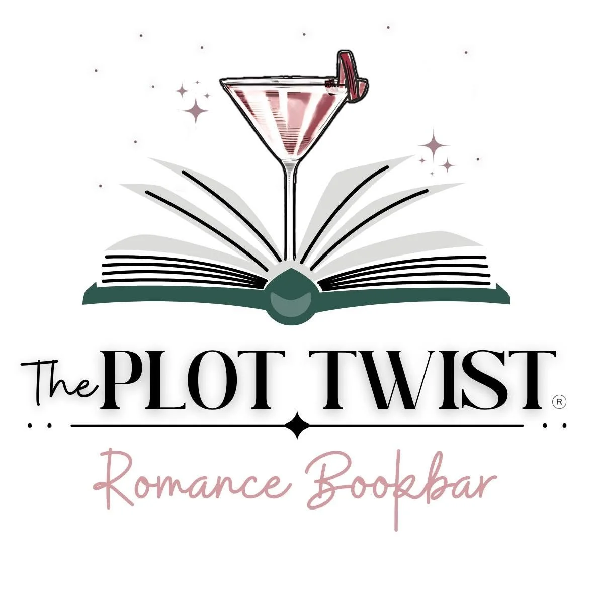 Logo for The Plot Twist Romance Bookbar featuring a stylized open book, a martini glass with a cherry, and sparkles.