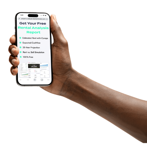 Black arm and hand holding a phone with screen showing report