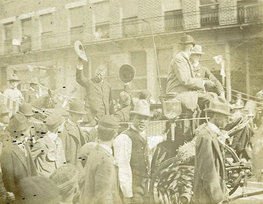 This photo of Teddy Roosevelt was taken at the southeast corner of Jackson and High Streets in Muncie during his vice-presidential campaign in 1900. Minnetrista Heritage Collection