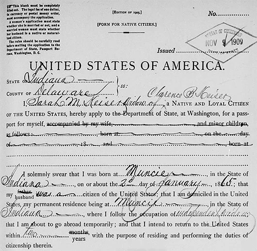 A portion of Sarah McCulloch Keiser’s Passport Application from 1909. Familysearch.org
