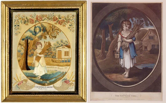 Many times the compositions were copied or inspired by printed sources. The 1802 embroidery on the left was inspired by the 1799 lithograph, on the right, titled, “The Cottage Girl.” Collection of the Litchfield Historical Society, Litchfield, Conne…