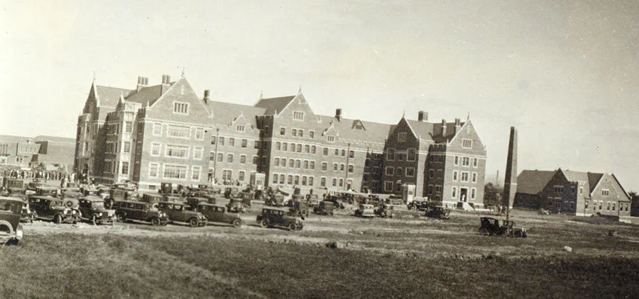In 1929 Ball Memorial Hospital opened to the public. This photo was taken on opening day and shows the large crowd that came to see the new facility. Minnetrista Heritage Collection