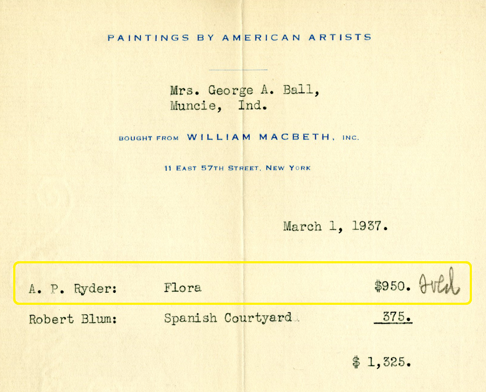 This receipt from 1937 shows that Frances Ball paid $950 for “Flora,” also known as the “Little Maid of Arcady,” Minnetrista Heritage Collection