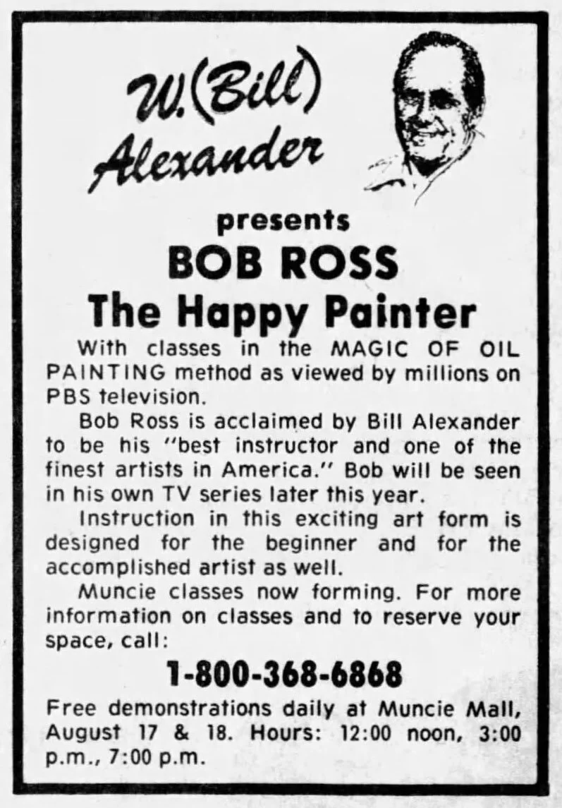 Original August 1983 newspaper advertisement promoting Bob Ross painting classes and demonstrations at Muncie Mall